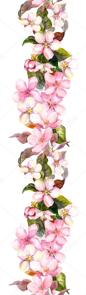 Seamless repeated floral border - pink cherry and apple flowers. Watercolor