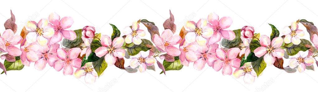 Seamless repeated floral border - pink cherry - sakura - and apple flowers. Watercolor