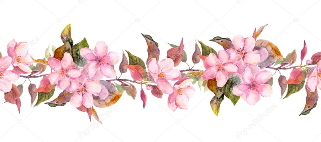 Fruit tree - apple or cherry - flowers. Seamless floral strip border. Botanic watercolor painted banner