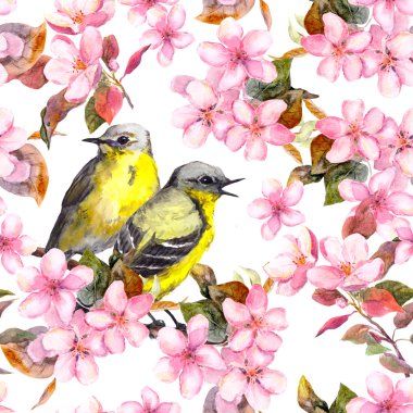 Seamless repeated floral pattern - pink cherry, sakura and apple flowers. Watercolor