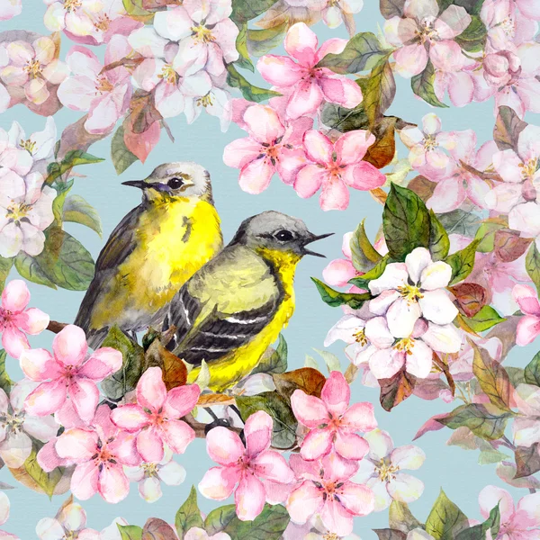 Seamless herhaald bloemmotief - roze cherry, sakura en apple bloemen met vogels. Aquarel — Stockfoto