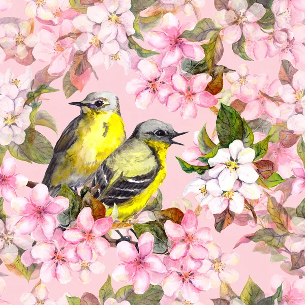 无缝重复花卉图案-粉红色樱桃、 樱花和苹果花与鸟。水彩 — 图库照片