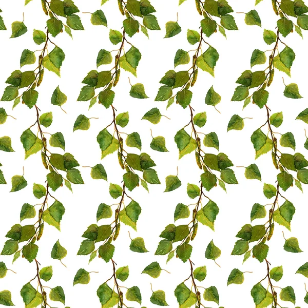 Opakované pozadí s březovými větvemi a čerstvé zelené listy — Stock fotografie