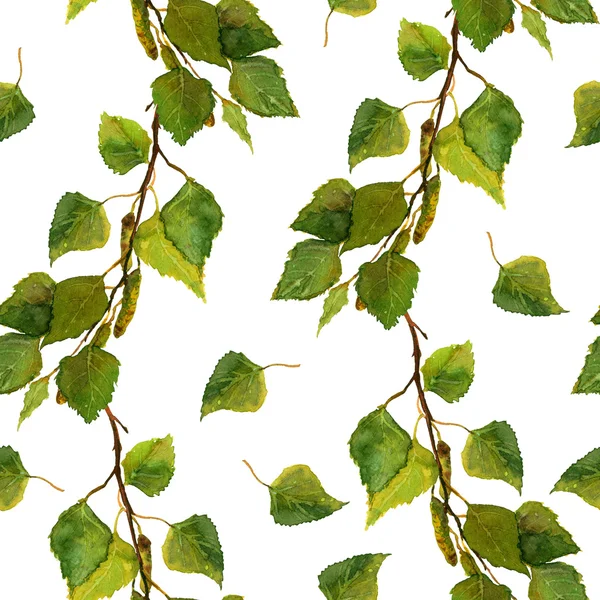 Witte naadloze achtergrond met groene bladeren van berk takken — Stockfoto