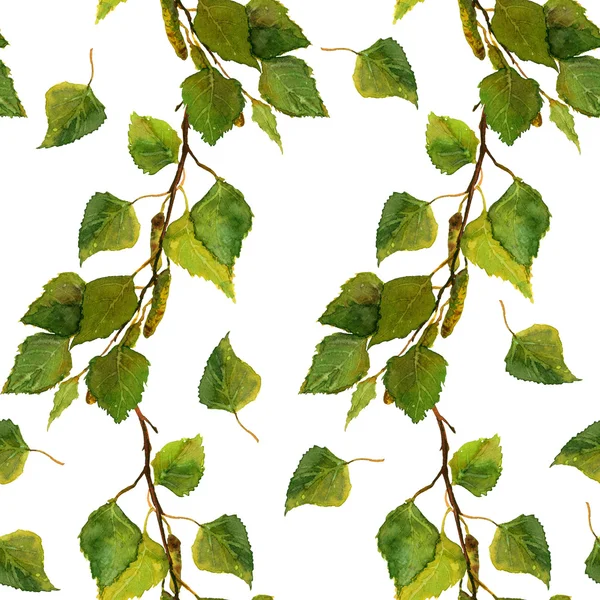 Watercolor painted backdrop with green leaves on birch branches — Stock Photo, Image