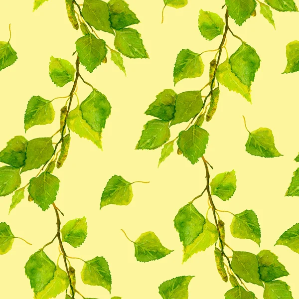 Yellow cheerful backdrop with spring green birch leaves — Stock Photo, Image