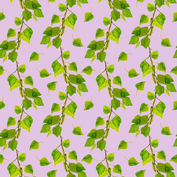 Seamless repeated pattern with botanical green leaves of birch — Stock Photo, Image