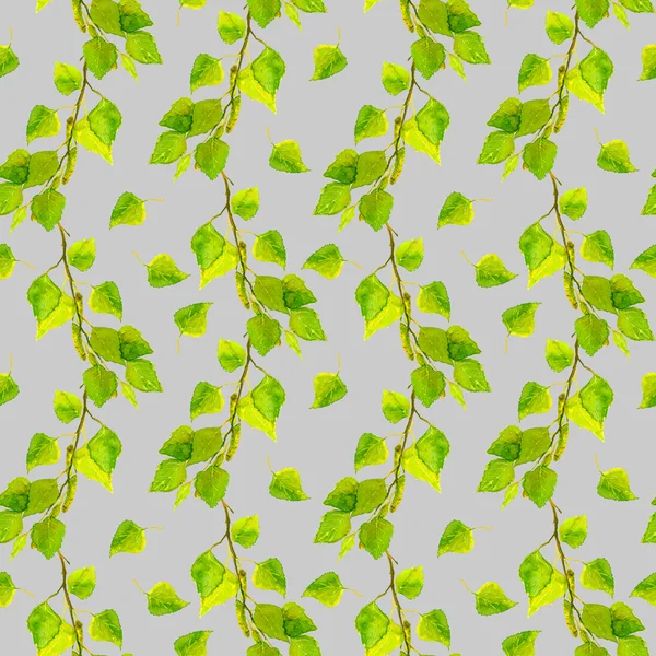 Gray seamless pattern with green fresh leaves of birch — Stock Photo, Image