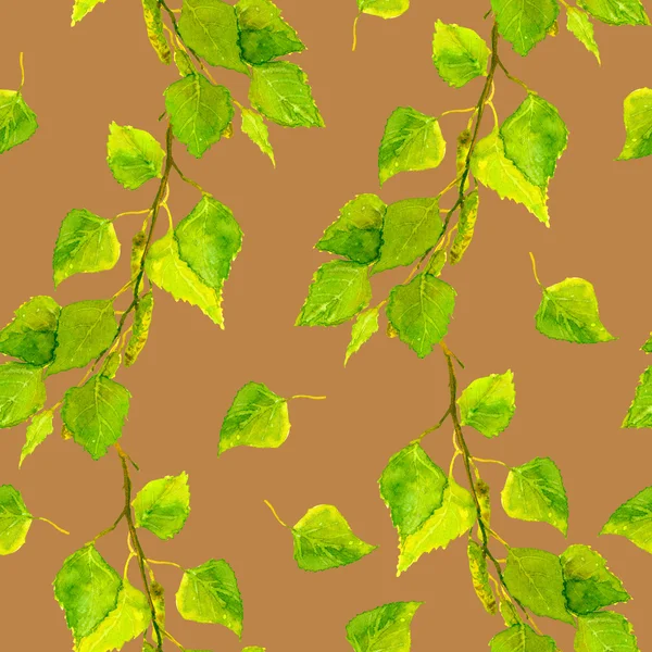 带图案的背景与绿色叶子 ob 白桦树枝 — 图库照片