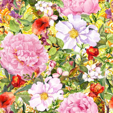 Taze botanik çiçekler, yapraklar, çayır çimen. Altın güneşli arka plan, sorunsuz vintage çiçek tasarım. Suluboya moda tasarımı için