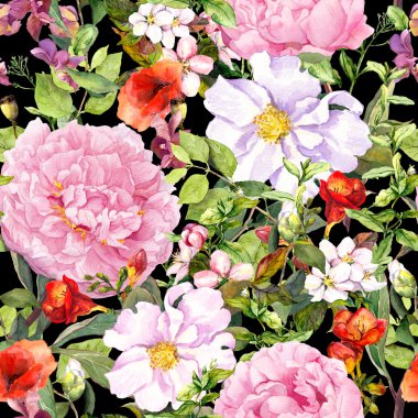 Çiçekler, yapraklar, çayır çimen, karşıtlık siyah arka plan. Taze moda tasarımı için sorunsuz çiçek desenli. Suluboya