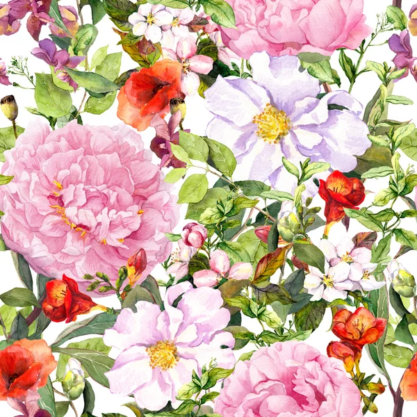 Blommor, löv, gräs. Sömlös blommönster i ditsy stil för modedesign. Akvarell — Stockfoto