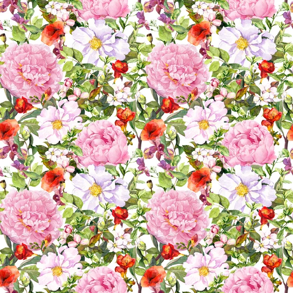 Sommerwiese - Blumen, Blätter, Gras. nahtloses Retro-Blumenmuster. ditsy Aquarell — Stockfoto