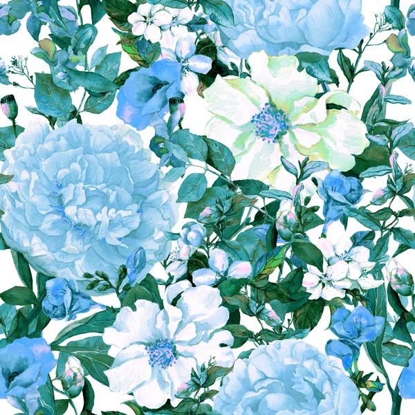 Цветы, листья, трава. Цветочный узор голубого цвета. Акварель — стоковое фото