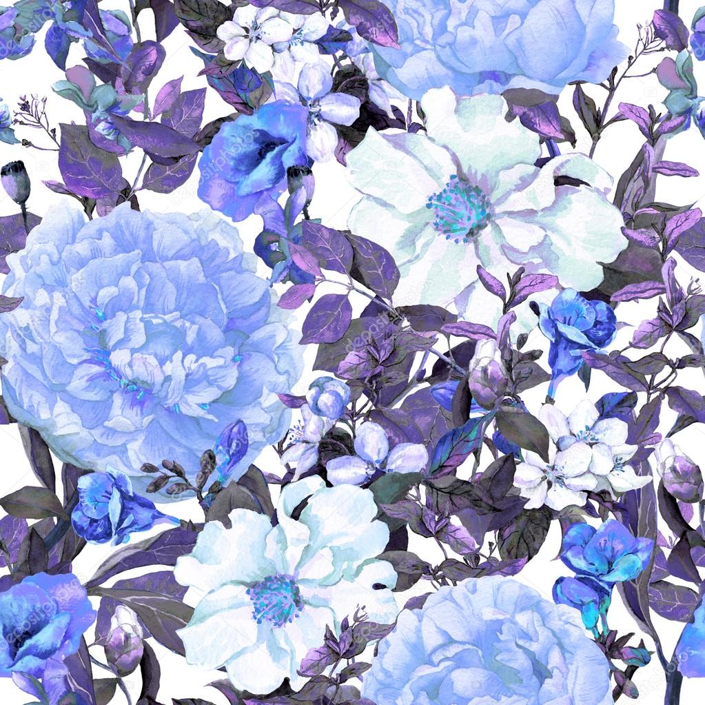 花 葉 草 ブルーの色でシームレスなヴィンテージ花柄背景 水彩 ストック写真 C Zzzorikk