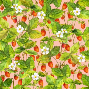 Vahşi orman çilek bush ile sorunsuz şablon berry. Aquarelle illüstrasyon boyalı