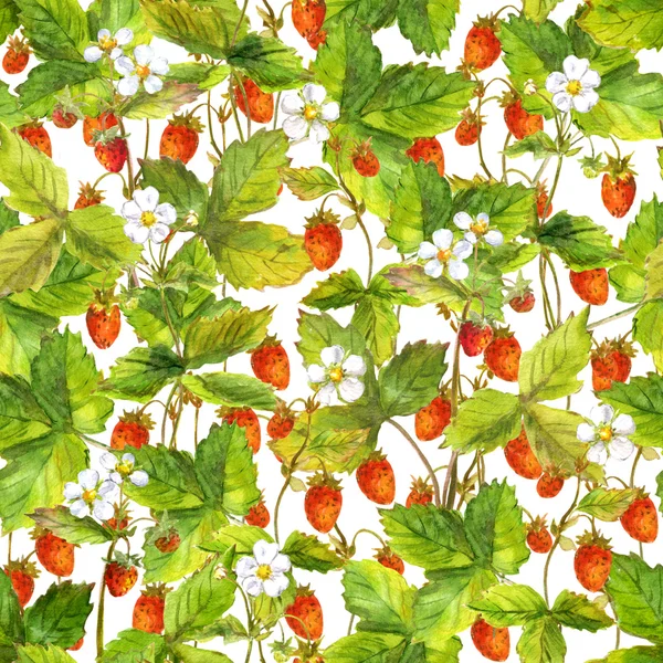 无缝平铺的水果图案带花园的小草莓的野生森林莓果。水彩画画艺术 — 图库照片
