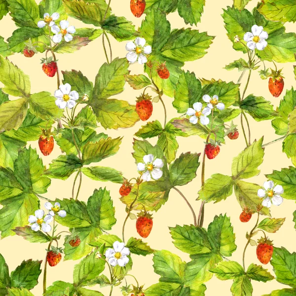 森林野生草莓光场与无缝的重复的模式。在黄色背景上绘制的水彩画 — 图库照片