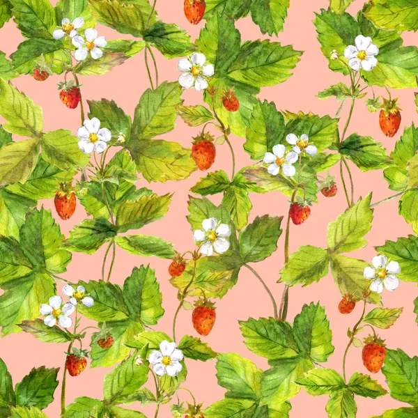 有大量的野生森林草莓浆果的无缝壁纸。在粉红色的背景上绘制的水彩植物园 — 图库照片