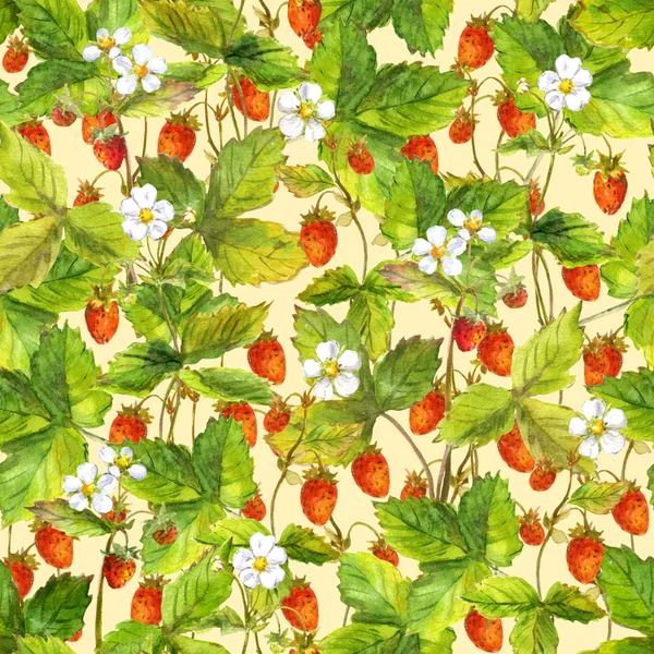 无缝重复的色板与许多森林野生草莓。在黄色背景上水彩图片 — 图库照片
