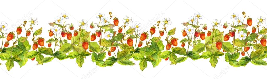 Seamless border with many wild forest strawberries. Watercolour painted banner
