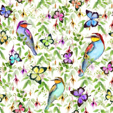 Egzotik çiçekler, tropikal kelebek ve kuş. Sorunsuz çiçek desenli. Suluboya