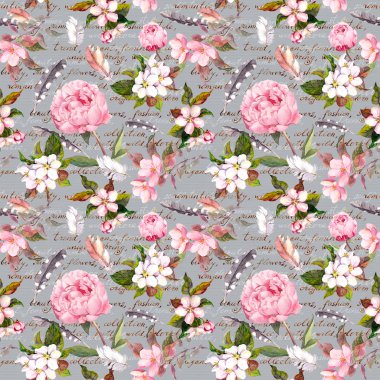 Şakayık çiçekleri, sakura, tüyler. El yazısıyla yazılmış eski, dikişsiz çiçek deseni. Suluboya