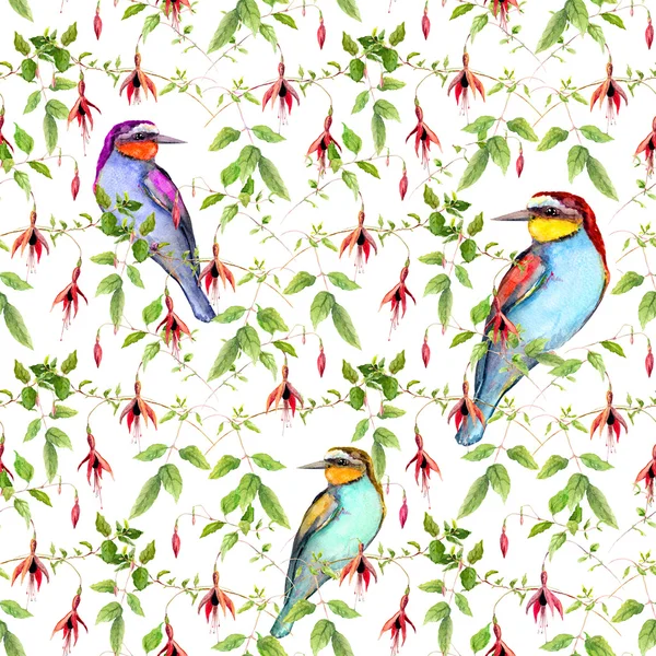 Exotic flowers and bright tropical bird. Repeating floral pattern. Watercolor — Stock Photo, Image