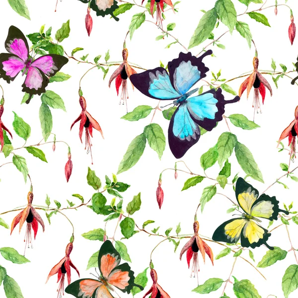 Exotic flowers and tropical butterflies. Seamless floral pattern. Watercolor — Stock Photo, Image