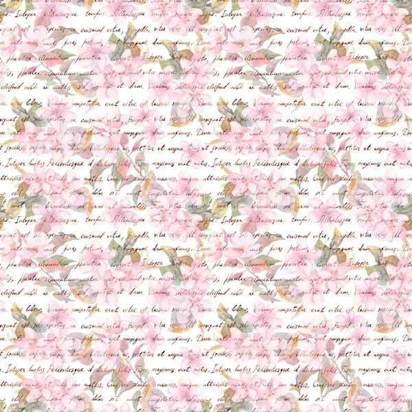 Sakura flowers - cherry, apple, almond, with handwritten text. Water color floral seamless pattern — Stock Photo, Image