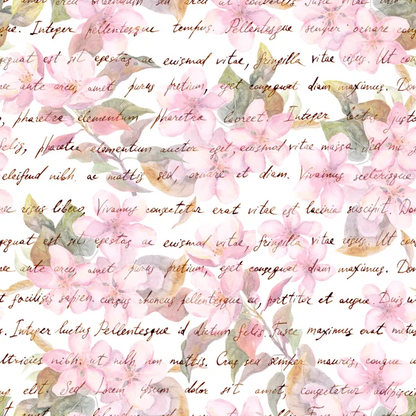 Cerise vintage, fleurs de pomme avec texte de lettre rétro écrit à la main. Aquarelle motif répétitif — Photo