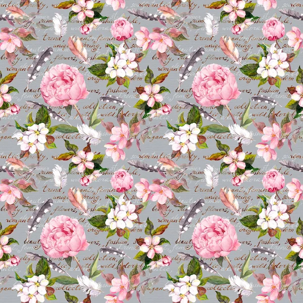 Flores de peónia, sakura, penas. Vintage padrão floral sem costura com letra escrita à mão. Aquarela — Fotografia de Stock