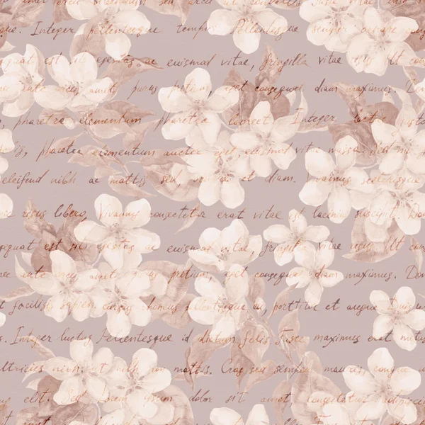Vintage cseresznye, Alma virágok retro kézzel írott levelet text. Retro barna öreg papír. Víz befest ismétlődő minta — Stock Fotó