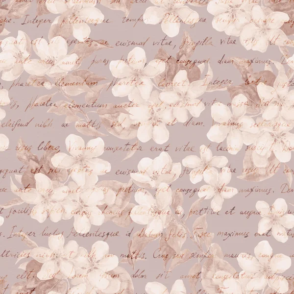 Vintage körsbär, äpple blommor med retro handskrivna brev text. Retro brown åldern papper. Vatten färg upprepande mönster — Stockfoto