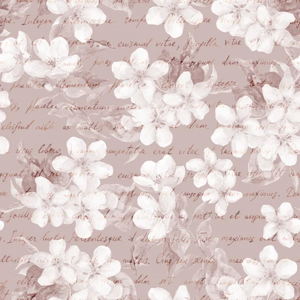 Cereza vintage, flores de manzana con texto escrito a mano en color sepia retro. Patrón sin costura —  Fotos de Stock