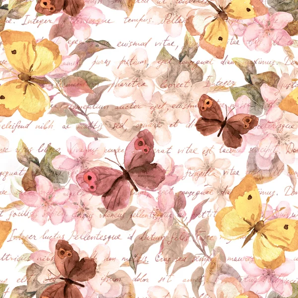 Flores, mariposas y letra manuscrita en color retro. Acuarela. Patrón sin costura —  Fotos de Stock