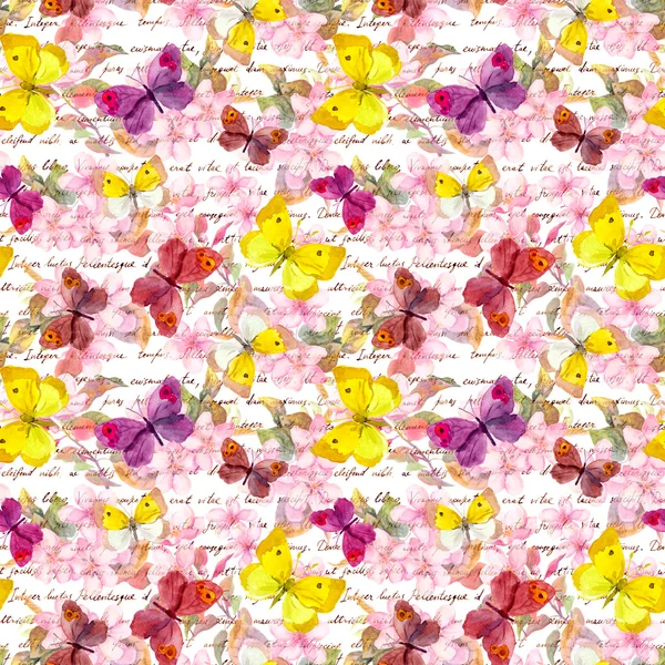 Bloemen, vlinders en handgeschreven tekst letter. Aquarel. Herhalend patroon — Stockfoto
