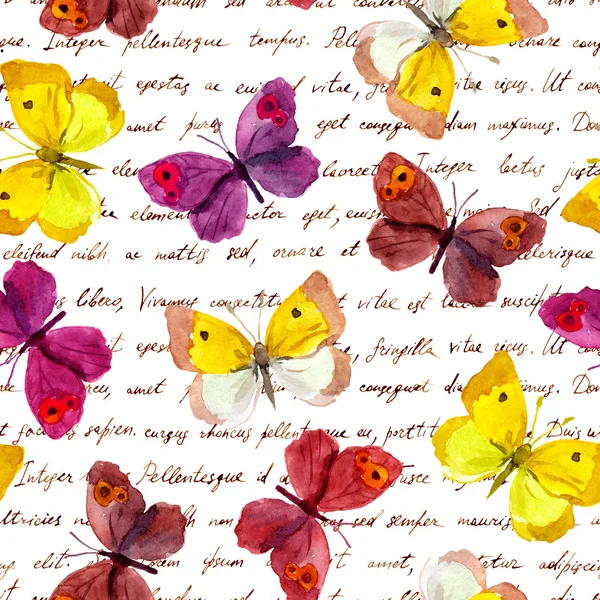Butterflies at vintage aged hand written text letter. Repeating retro pattern. Watercolor and ink. — Stock Photo, Image
