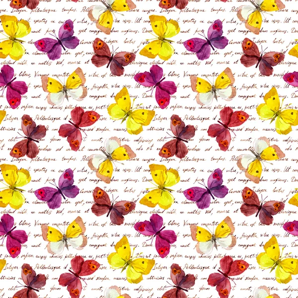 Butterflies and handwritten old letter. Watercolor. Seamless butterfly pattern — Stock Photo, Image