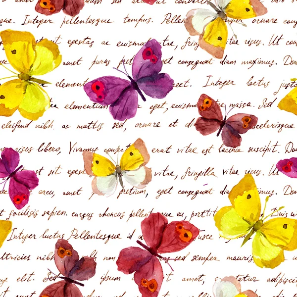 Butterflies and hand written text note. Watercolor. Seamless pattern — Stock Photo, Image