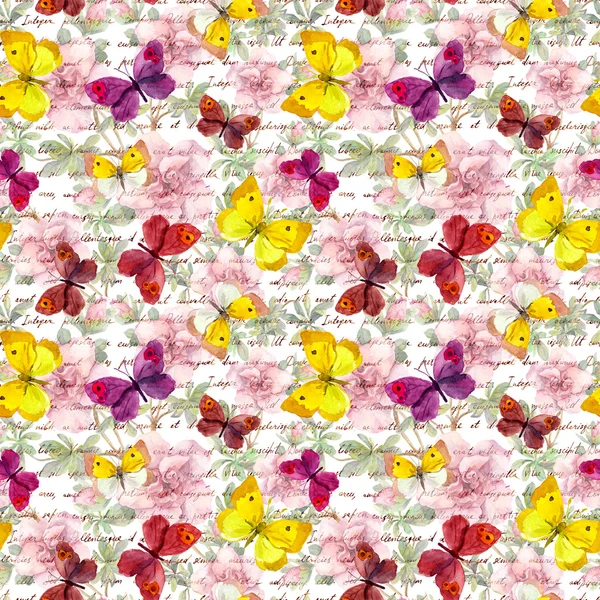 Blumen, Schmetterlinge und Tinte Buchstaben Text. Aquarell. nahtloses Muster — Stockfoto