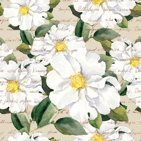 Λευκά άνθη με χέρι γραμμένο το κείμενο. Ακουαρέλα λουλουδάτο μοτίβο άνευ ραφής — Φωτογραφία Αρχείου