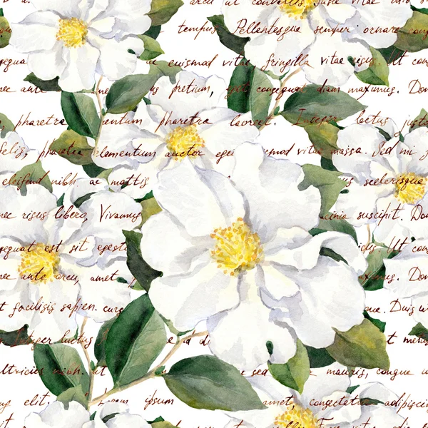 Λευκά άνθη με vintage χέρι γραπτό κείμενο. Ακουαρέλα λουλουδάτο μοτίβο άνευ ραφής ρετρό — Φωτογραφία Αρχείου