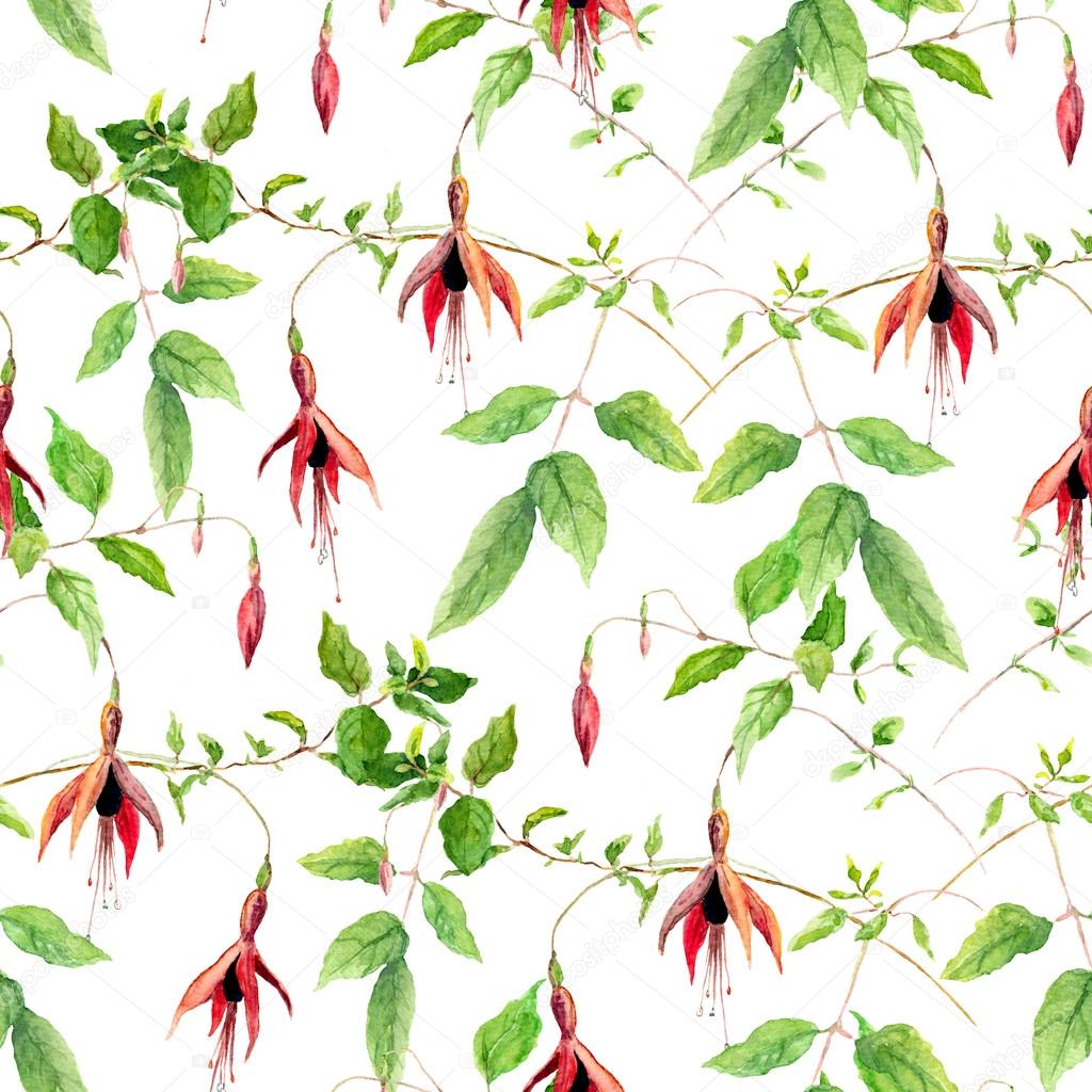 Pink fuchsia flowers. Repeating floral pattern. Water color