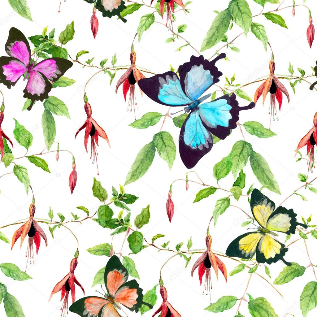 Exotic flowers and tropical butterflies. Seamless floral pattern. Watercolor