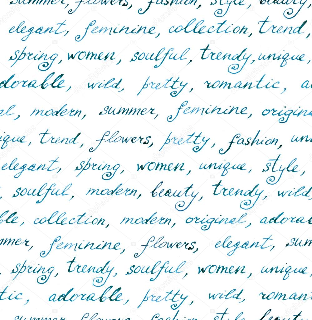 Hand written words - fashion and beauty lorem ipsum text. Seamless pattern, vintage words background