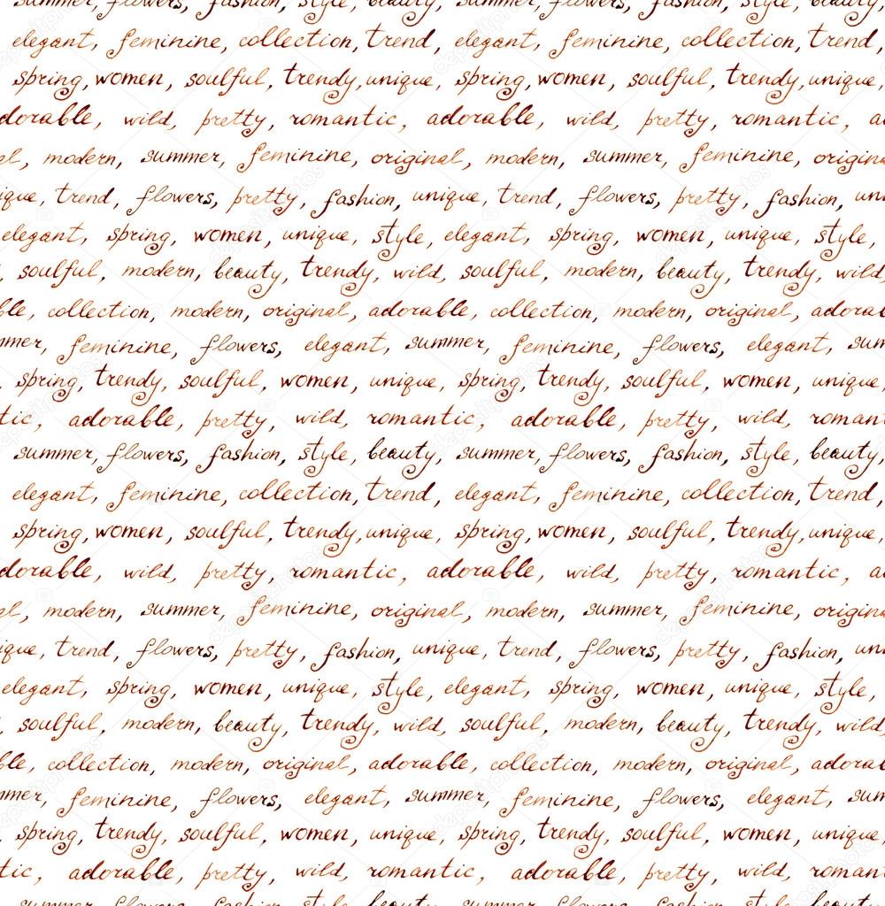 Vintage hand written letter - fashion and beauty seamless text. Repeating pattern, handwritten words background