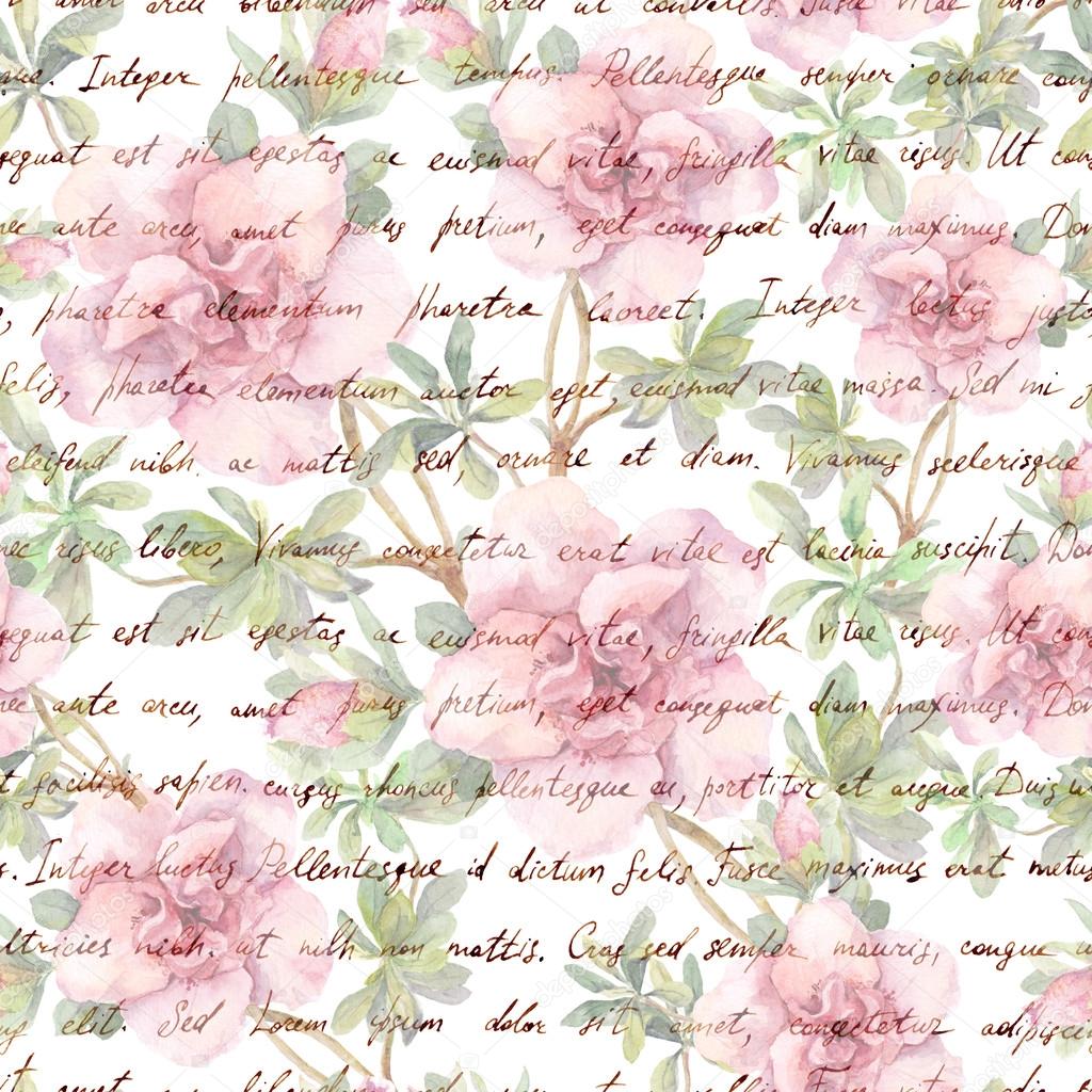 Pink camelia flowers and vintage ink text letter. Watercolor. Repeating retro floral pattern