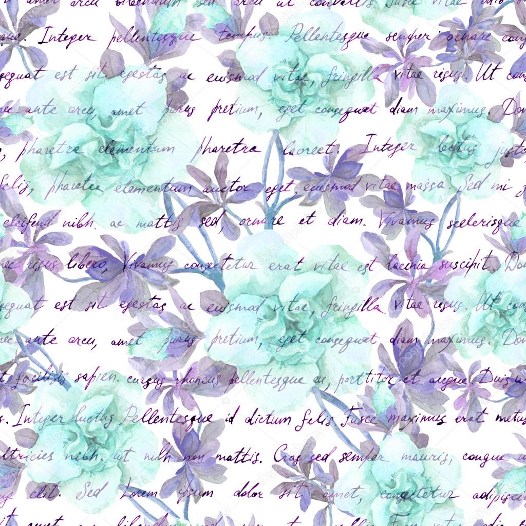 Blue flowers and handwriting text letter. Watercolor flowers. Repeating floral pattern