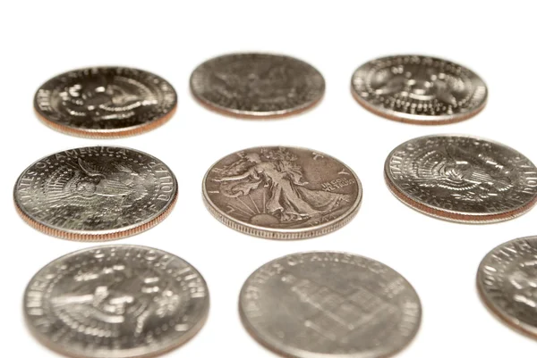 Währung Und Geld Münzen Auf Weißem Hintergrund — Stockfoto